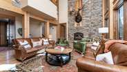 Living area on main level with wood burning fireplace